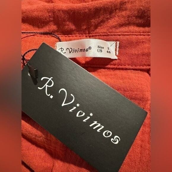 R. Vivimos Rust Red Tiered Midi Dress Women Small NWT Short Sleeves Button-Down - Picture 5 of 6